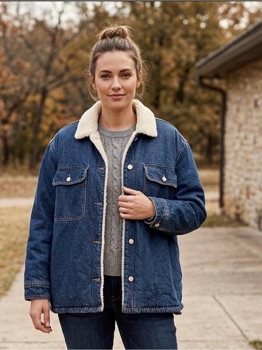Medium wash denim utility chic jacket w cream Sherpa collar Americana Medium